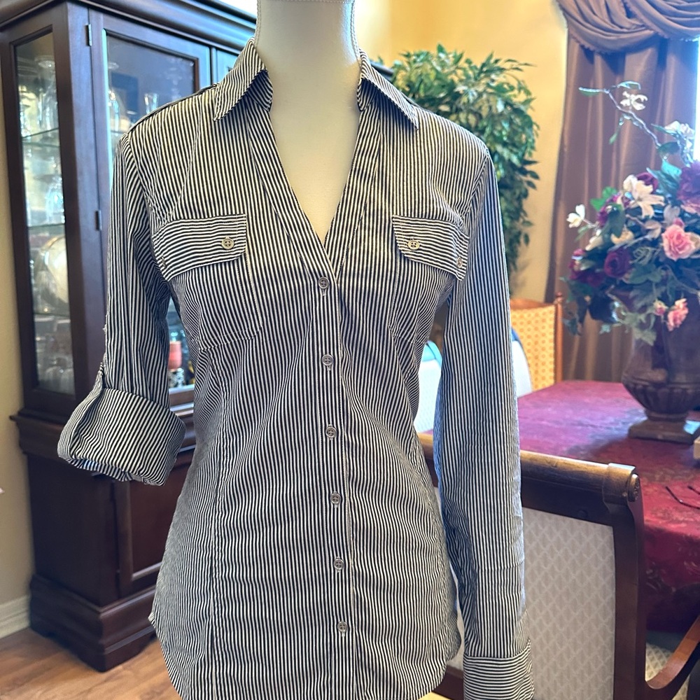 Express Black and White Striped Button-Front Blouse with Silver thread.